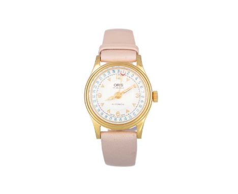 ORIS, GOLD PLATED AUTOMATIC WRIST WATCH, the round dial with wedge hour markers, 26.6mm case, outer seconds track in blue, on
