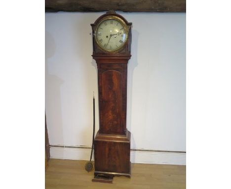 A mahogany 8 day longcase clock with a convex painted 12" dial, signed Cornell Royston, with pendulum, no weights and in need