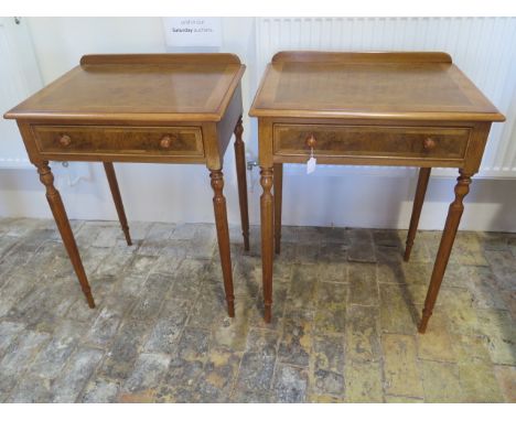 A pair of burr walnut lamp tables with a single drawer on turned legs made by a local craftsman to a high standard - Height 8