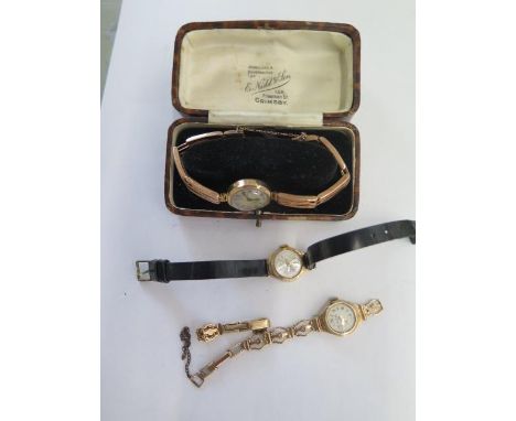 Two 9ct yellow gold manual wind ladies bracelet wristwatches - both running, one strap broken - approx weight 29 grams - and 