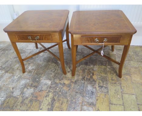 A pair of burr walnut lamp/coffee tables with a drawer on splayed legs made by a local craftsman to a high standard - Height 