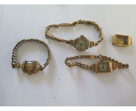 Two 9ct yellow gold bracelet ladies manual wind wristwatches - approx weight 28 grams - a 9ct watch on plated strap - approx 