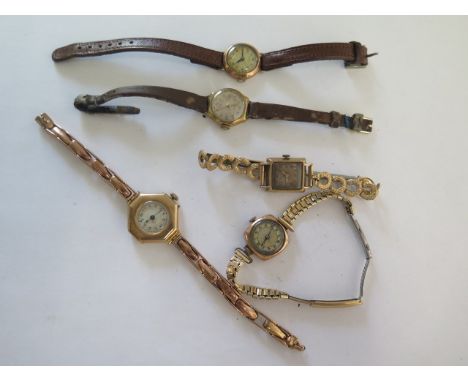 A 9ct yellow gold manual wind bracelet wristwatch on a sprung strap approx 22 grams - two other 9ct watches on plated straps 