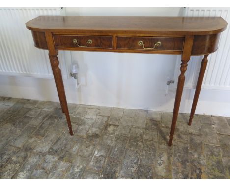 A new burr walnut D shaped hall/side table with two drawers on turned legs made by a local craftsman to a high standard - Hei