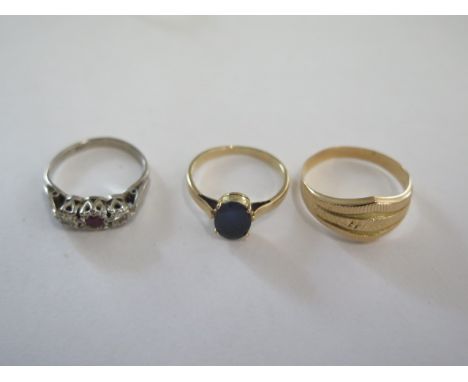 A Continental 18ct yellow gold ring, size Q, and two other 18ct gold rings, size L, total approx 7.2 grams 