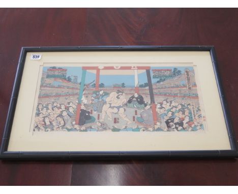 A print of 'The Japanese Wrestling, Sumo for Charity' Toyokuni Ichiyosai in a faux bamboo ebonised frame, 36cm x 59cm, overal