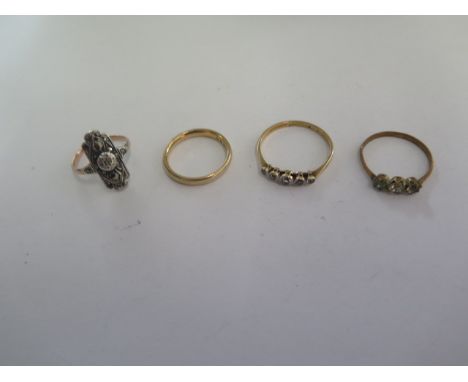 A 9ct yellow gold band ring, size N, a 9ct and silver ring and 2 other 9ct rings, total weight approx 8.4 grams 