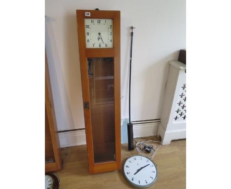 A 20th century Gents oak cased electric master clock, 128cm tall, with a TR Services 32cm diameter wall clock 