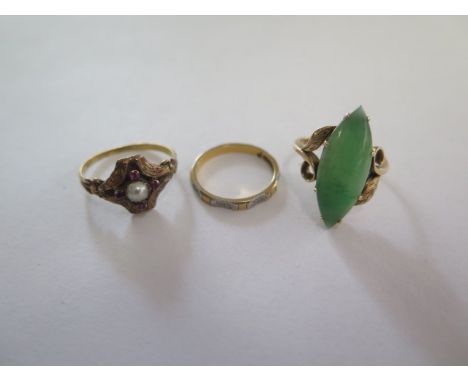 A 14ct yellow gold jade ring, size K, approx 4 grams, a 22ct ring, size J approx 2 grams and a gilt metal pearl ring size L/M