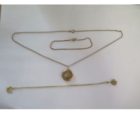 Two 9ct yellow gold chains with pendant and locket and a 9ct chain, total approx 9.4 grams 