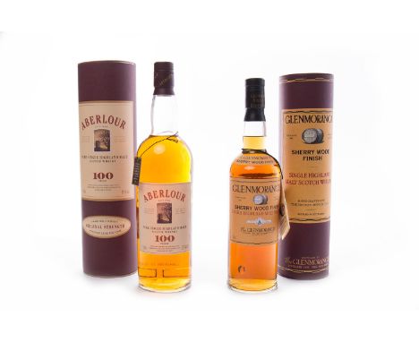 ABERLOUR 100 PROOF Single Malt Scotch Whisky. 1L, 57.1% volume, in tube. GLENMORANGIE SHERRY WOOD FINISH Single Malt Scotch W