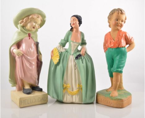 Chinese fish bowl of jardiniere form, 20m, four painted plaster figures, and a Hummel style group, (6).