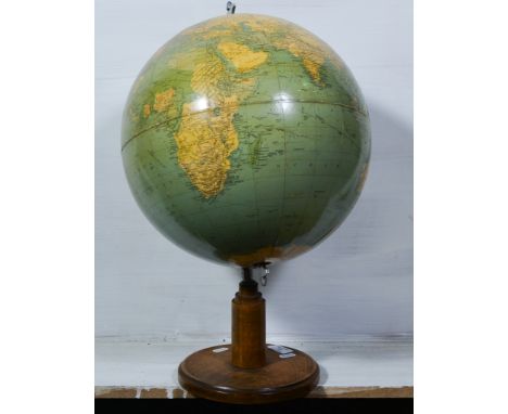 Philips 13.5" Challenge Globe, scale 1:37,440,000, on a wooden stand with compass set into the circular base.