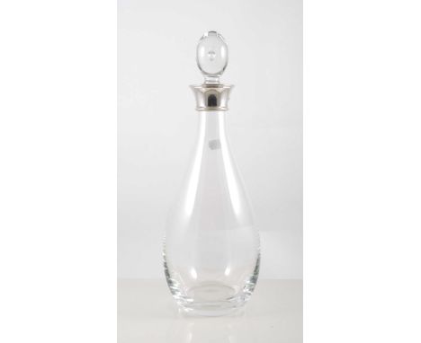 Modern glass pear shape decanter, with a silver collar, 33cm.