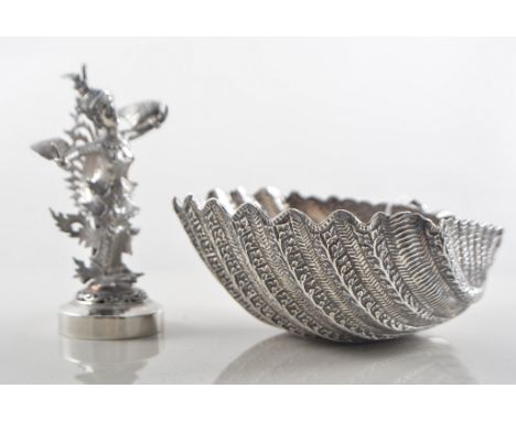 White metal shell design dish with serpent handle, a white metal Siamese dancing girl 9.5cm, a hallmarked silver pickle fork 
