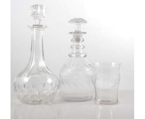 Georgian style mallet shaped decanter, triple ring neck, 23cm, a Victorian decanter, Sundae glasses and tumblers.

