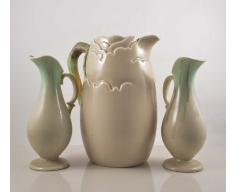 Clarice Cliff, "Beechwood" green leaf jug, 25cm, pair of matt glaze dishes and matching jugs, (5).