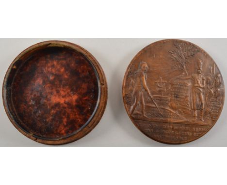 French walnut snuff box, press moulded with scene to front of military figures and text relating to the French Conquest, line