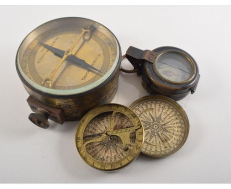 WW1 period marching compass, diameter 5.5cm, brass cased pocket sundial, mahogany cased compass and pressure gauge, Silver To