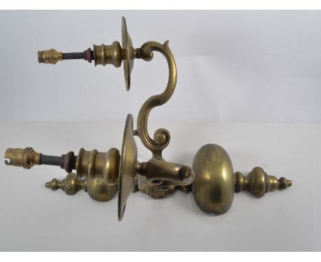 Brass three light chandelier, scrolled branches, 39cm drop and a two light wall bracket, (2).