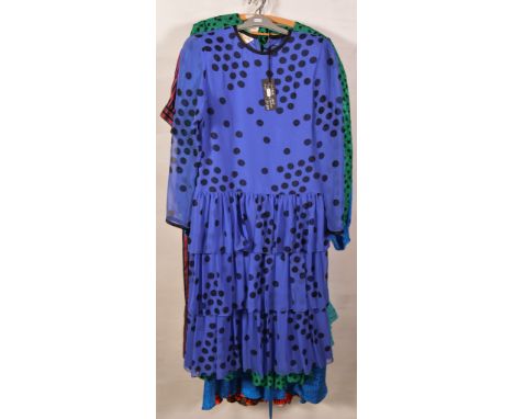 Six 1980's retro dresses, all in silky fabrics, Louis Feraud turquoise blue drop waist, size 12, 100% silk navy and red verti