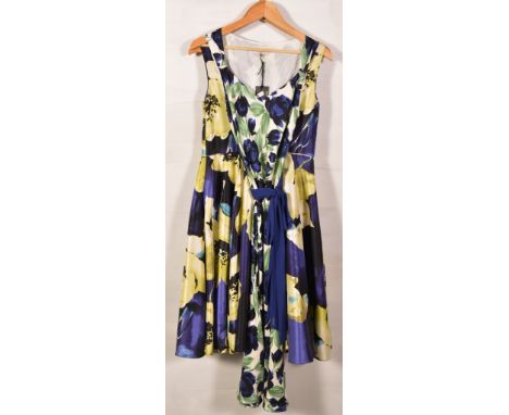 Two summer dresses, a Monsoon sleeveless occasion dress in navy, blue and lemon with covered buttons and net underskirt, size