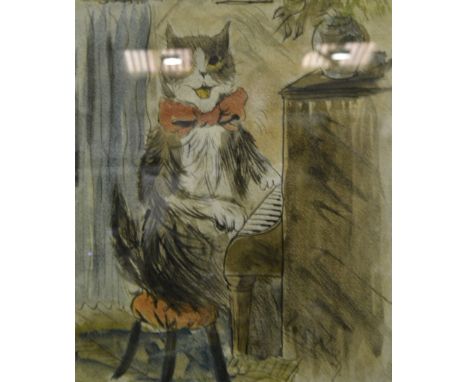 Signed watercolour of a Comical Cat with bow tie playing a piano, 32cm x 26cm, 