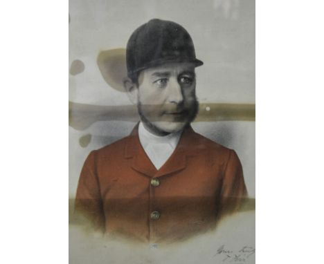Victorian coloured lithograph, portrait of Tom Firr, Huntsman to the Quorn Hounds, 39cm x 28cm.