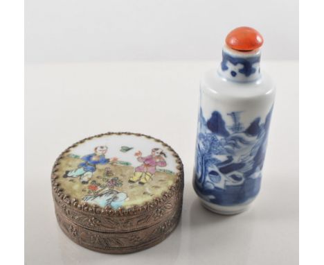 19th Century blue and white Chinese perfume bottle, four character mark to base, 9cm, and a base metal powder box with cerami