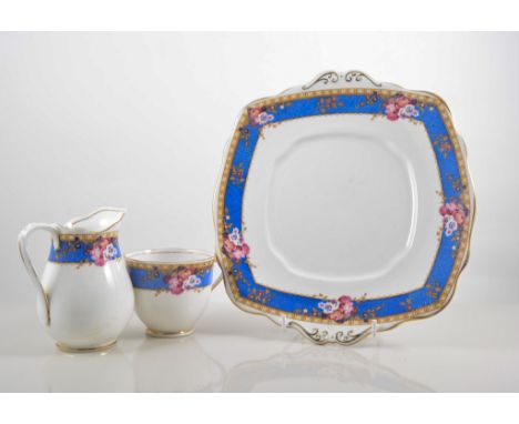 Royal Albert (blue with pink flowers) Crown China, made for Lawleys, consisting of - 2 square plates 9" x 9.5", 1 jug 4" high