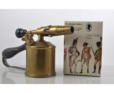Large brass tray, brass blow lamp by Max Sievery, Stockholm, copper burner, collection of boxed Chas Staddon military figures