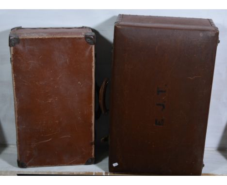 Tin trunk, together with a leather travelling trunk, suitcases, tin hat box, etc, (6).