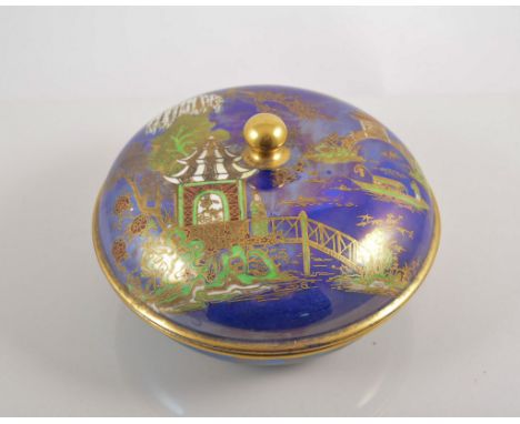 Carltonware blue ground covered bowl, chinoiserie decoration, lustrous glaze, diameter 13cm.