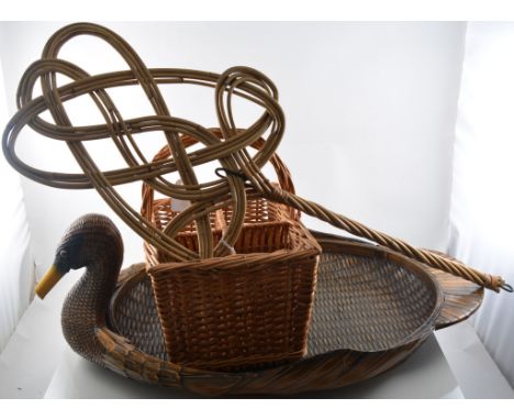 Cane picnic basket, carpet beater, mallard basket, large cane basket with handle, glazed pancheon.