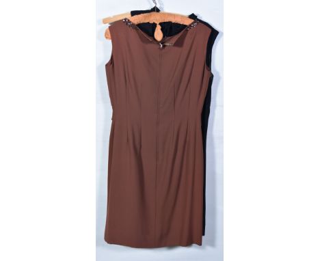 Two Audrey Hepburn style shift dresses, a black crepe sleeveless dress with braid and beading to neck, size 14, a light brown