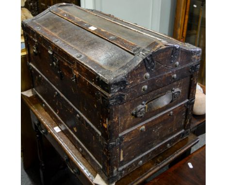 "The Anchor Patent Waterproof Travelling Trunk" patent December 1902, wooden, banded and studded, domed top with leather hand