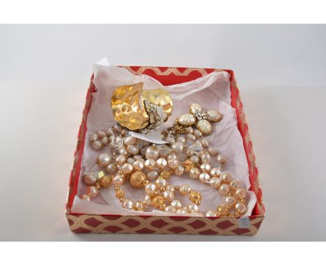 Costume Jewellery, American faux pearl and gilt necklace by Finberg Mnfg. Co., Mass., USA, another faux pearl necklace with c