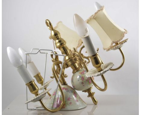 Brass and ceramic five light chandelier, with electric candle fitments, 35cm drop.