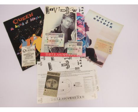 Three tour programmes with concert ticket stubs to include Queen 'A Kind Of Magic' tour with Knebworth Park 9th August 1986 t