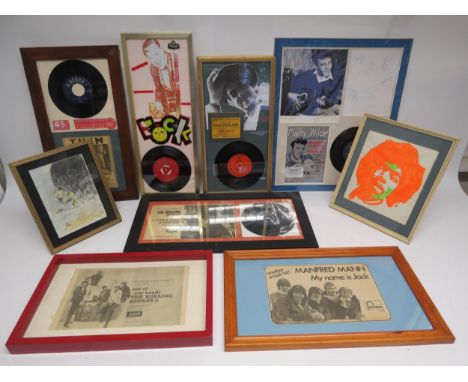 Five framed 7" single displays to include Bob Dylan with 1978 ticket stub, Marty Wilde with autographs and flyer, Bill Haley,