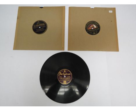 Three spoken word 10" shellac 78rpm records to include Miss Amy Johnson C.B.E. 'The Story Of My Flight' (Columbia DB189), Cap