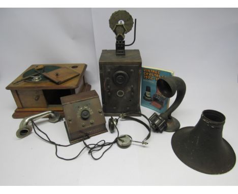 Two 1920's crystal radio sets for spares or repair, including Radionette, together with a pair of Brandes Superior BBC headph