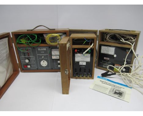 Three wooden cased Clare electrical testing instruments to include V.154 Portable Appliance Tester, V.339 High current Ohmmet