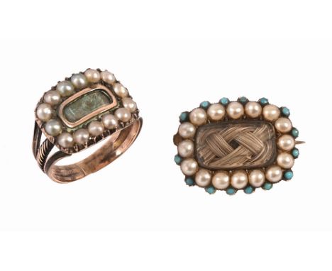Two pieces of Georgian mourning jewellery, pearl set ring, hallmarked and inscribed to back "Mother" and inset with pearls, a