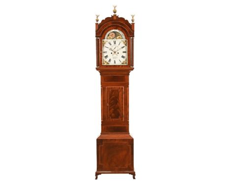 An early 19th century mahogany longcase clock by Stier Bath, with moon phase and inlaid mahogany case.  Height 214 cm.   COND