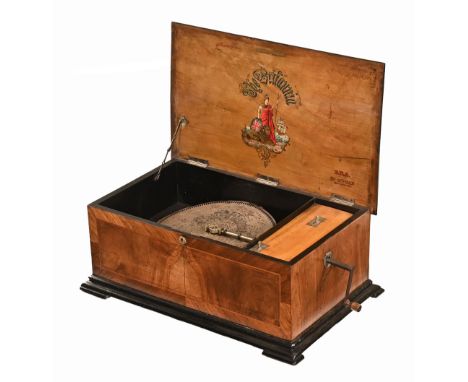 A 19th century walnut cased "The Britannia" tabletop polyphon to play 12" discs.  Height 25 cm, width 60 cm, depth 37 cm.