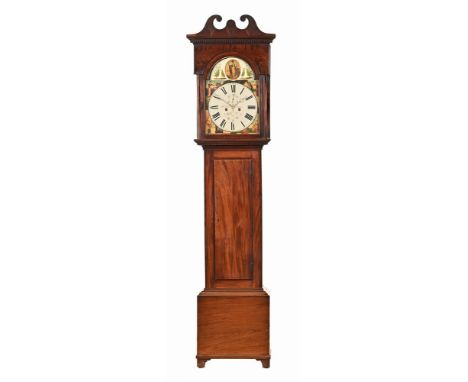 William Cooper of Hamilton longcase clock, with mahogany case, the top with swans neck pediment dentil cornice and an arched 