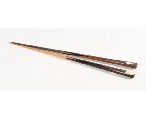 Two early 20th century snooker cues, the first a Tom Reece with ivory lozenge, Tom Reece from CHW and with ivorine plaque to 