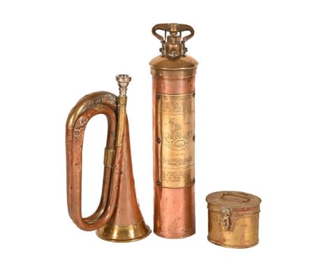 A vintage Nuswift brass and copper fire extinguisher, a brass and copper bugle and a small oval brass box.  Extinguisher heig