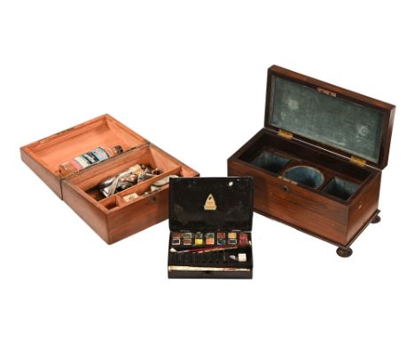 A Chelsea Series tin "Students Colour Box", together with a mahogany writing slope containing a quantity of oil paints and a 